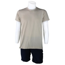 Sıfır Yaka Bej T-Shirt Yanlar Dikişli İnce Biye Yaka