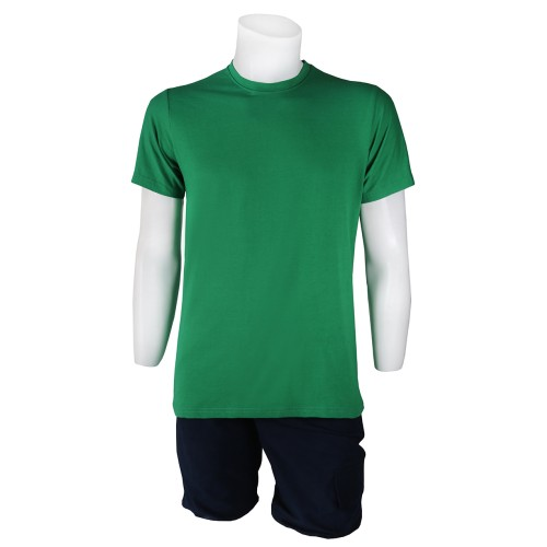 Sıfır Yaka Yeşil T-Shirt Yanlar Dikişli İnce Biye Yaka