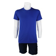 Sıfır Yaka Saks T-Shirt Yanlar Dikişli İnce Biye Yaka