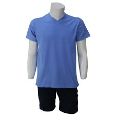 V Yaka Bebe Mavisi T-Shirt Yanları Dikişli Düz Yaka