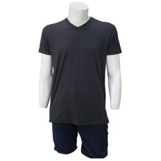 V Yaka Füme T-Shirt Yanları Dikişli Düz Yaka