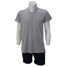 V Yaka Gri T-Shirt Yanları Dikişli Düz Yaka