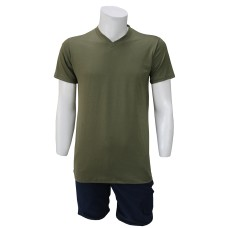 V Yaka Haki T-Shirt Yanları Dikişli Düz Yaka