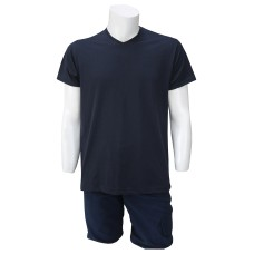 V Yaka Lacivert T-Shirt Yanları Dikişli Düz Yaka